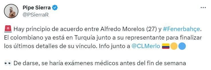 El delantero Alfredo Morelos estaría a una firma de llegar al Fenerbahce, uno de los clubes históricos de Turquía - crédito @PSierraR/X