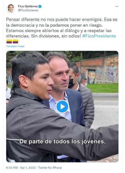 这样，他就将其发布在自己的社交网络上。照片：Twitter @FicoGutierrez
