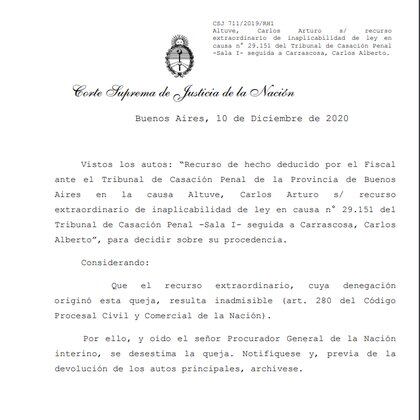 El escrito de la Corte Suprema en donde se confirmó la absolución de Carrascosa.