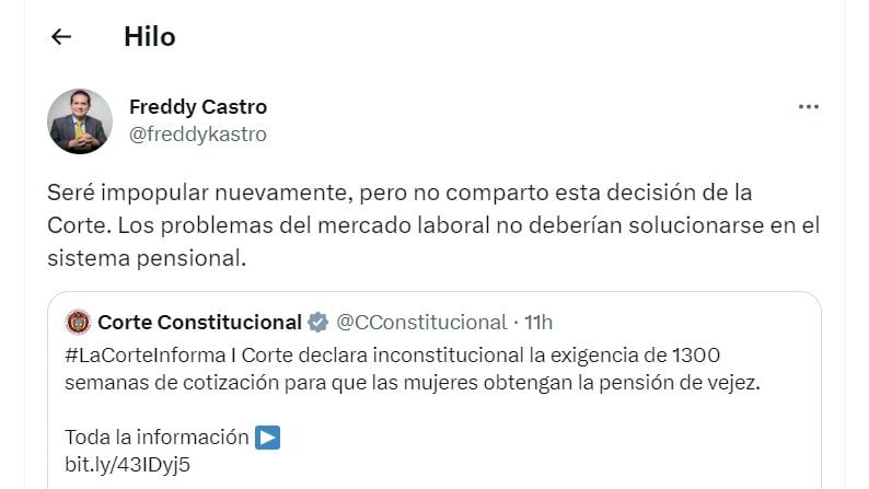 Tuit de Freddy Castro, exgerente de la Banca de las Oportunidades.