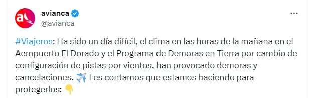 La aerolínea activó el programa de demoras debido a la climatología adversa - crédito @avianca / X