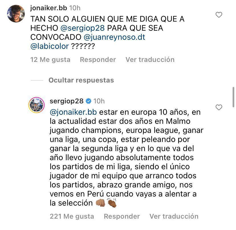La respuesta de Sergio Peña a un hincha que criticó una posible convocatoria suya para las Eliminatorias 2026. (Instagram Erick Osores)