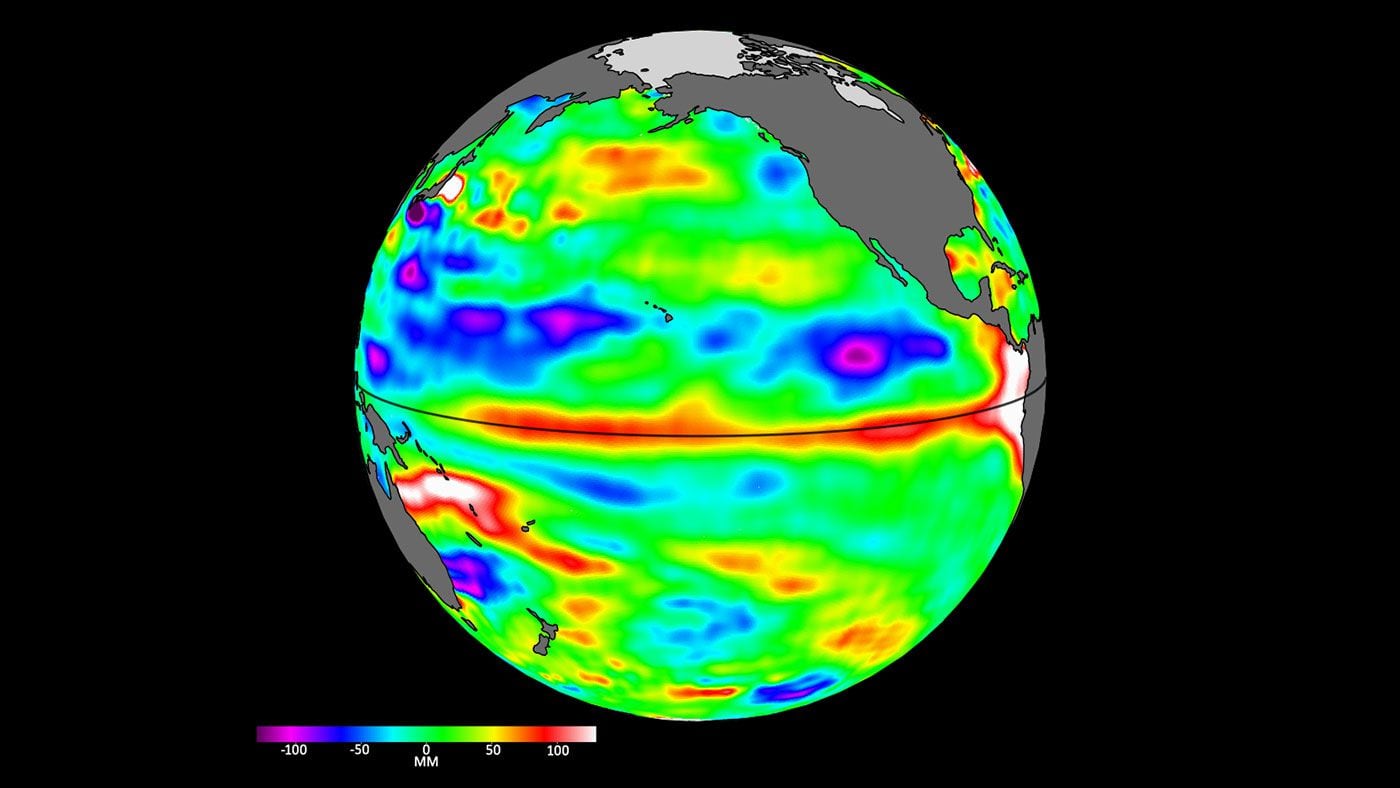 Sea level data from the Sentinel-6 Michael Freilich satellite on April 24 shows relatively higher (shown in red and white) and warmer ocean water at the equator and the west coast of South America. Water expands as it warms, so sea levels tend to be higher in places with warmer water. Credit: NASA/JPL-Caltech