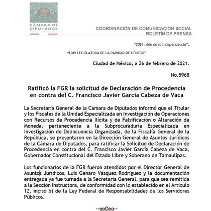 La Cámara de Diputados informó que la FGR ratificó la solicitud de desafuero contra el gobernador de Tamaulipas, Francisco Javier García Cabeza de Vaca, por la posible comisión de varios delitos.(Foto: Comunicación Social Cámara de Diputados)