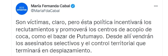 A través de Twitter, la senadora del Centro Democrático María Fernanda Cabal rechazó la medida del Ministerio de Defensa de suspender los bombardeos en zonas donde hay menores.
FOTO: vía Twitter (@MariaFdaCabal)
