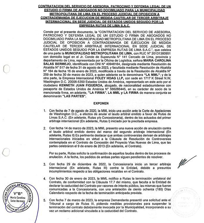 Contrato de la Municipalidad de Lima para requerir los servicios de un nuevo estudio de abogados.