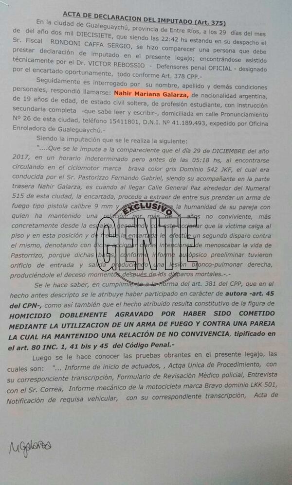 La declaración en la que Nahir Galarza confiesa el crimen de Fernando Pastorizzo.