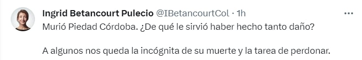 Reacciones encontradas ante la muerte de Piedad Córdoba - crédito @IBetancourtCol/X