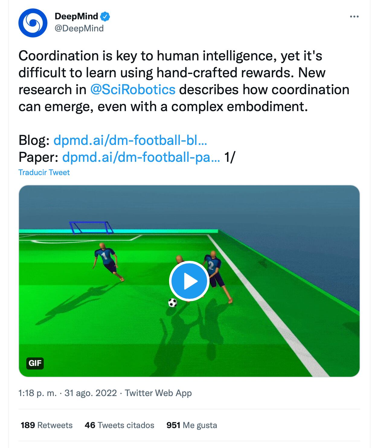 Inteligencia artificial juega a futbol. (foto: Twitter)
