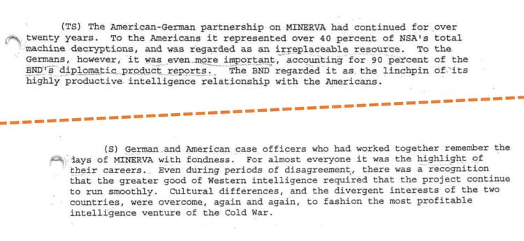 Otros tramos de los documentos de la CIA que hablan sobre Minerva, nombre en clave de Crypto. (The Washington Post)