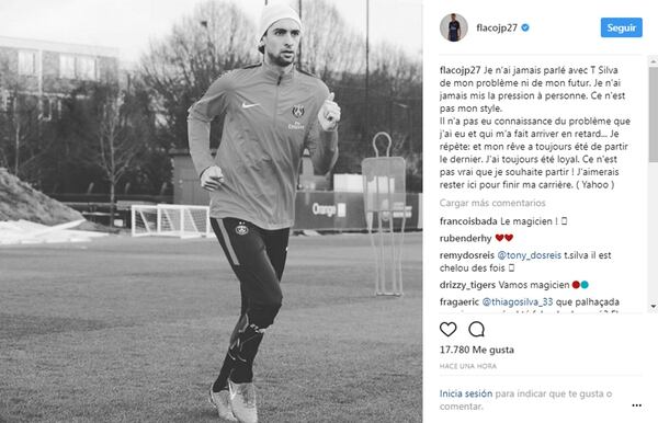 La publicación de Javier Pastore en Instagram haciendo referencia a las declaraciones de Thiago Silva