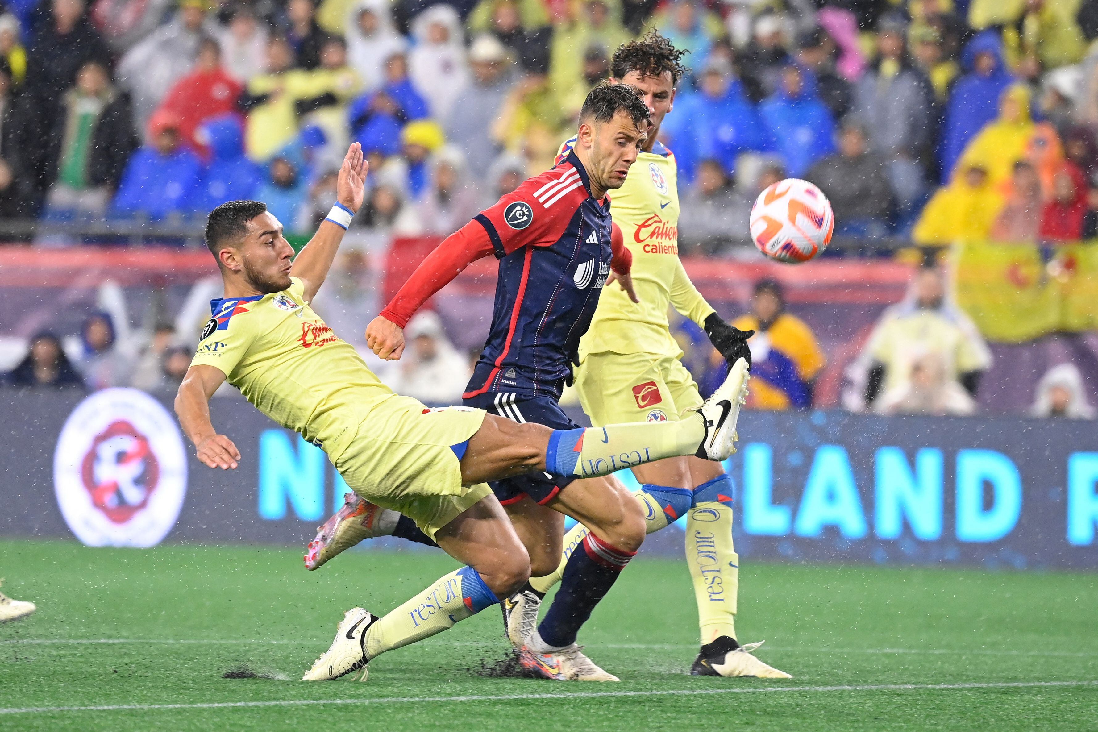 Apr 2, 2024; Foxborough, MA, USA; Club America defender Sebastian Caceres (4) kicks the ball against the New England Revolution during the first half at Gillette Stadium. Mandatory Credit: Eric Canha-USA TODAY Sports