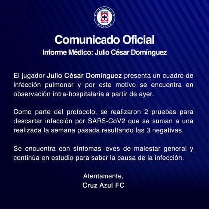 Cruz Azul señaló que el jugador se sometió a tres pruebas para descartar la infección por SARS-CoV2 (Foto: Twitter / @CruzAzulCD)