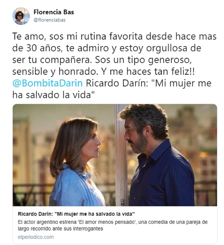 El tuit de Florencia Bas, tras leer la entrevista de su marido