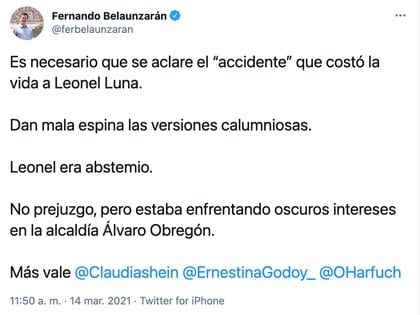 El líder del PRD Fernando Belaunzarán también exigió una investigación sobre la muerte de Leonel Luna (Foto: Twitter @ferbelaunzaran)