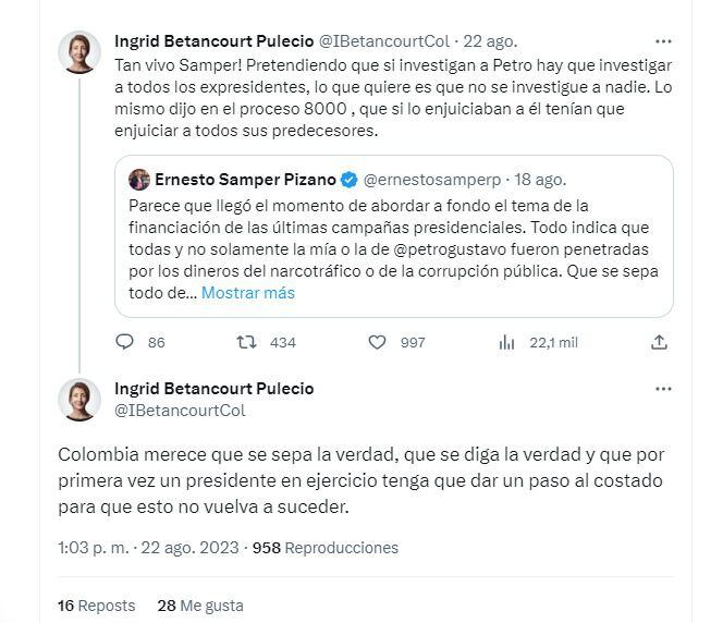 Con este mensaje en la red X (Twitter), la exsenadora Ingrid Betancourt, que aspiró a la presidencia en 2002, cuestionó las palabras de Ernesto Samper - crédito @IBetancourtCol/Twitter