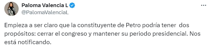 Paloma Valencia aseguró que Gustavo Petro pretende cerrar el Congreso de la República y mantener su proceso presidencial - crédito @PalomaValenciaL/X