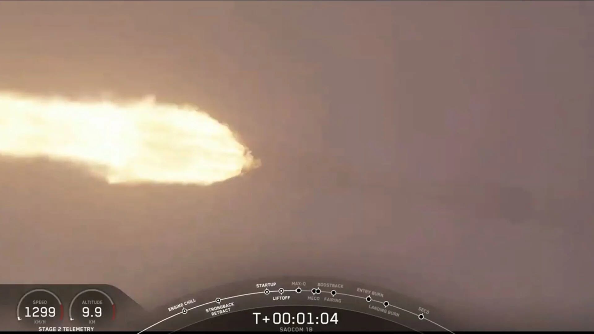 A velocidad supersónica, el poderoso cohete Falcon 9 se dirige al espacio para poner en órbita el satélite argentino