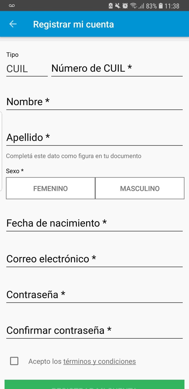 Para registrar la cuenta hay que ingresar el nombre, apellido, CUIL, fecha de nacimiento, correo y luego crear una contraseña