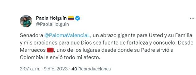 Trino de Paola Holguín sobre la muerte del padre de la senadora Paloma Valencia. (Captura de pantalla)