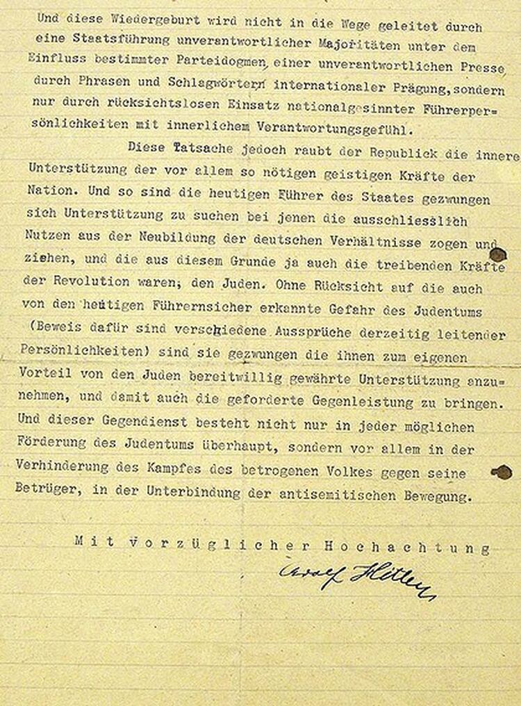 La carta que escribió Adolf Hitler a un oficial, años antes de publicar Mi Lucha. En ella habla de la “cuestión judía”