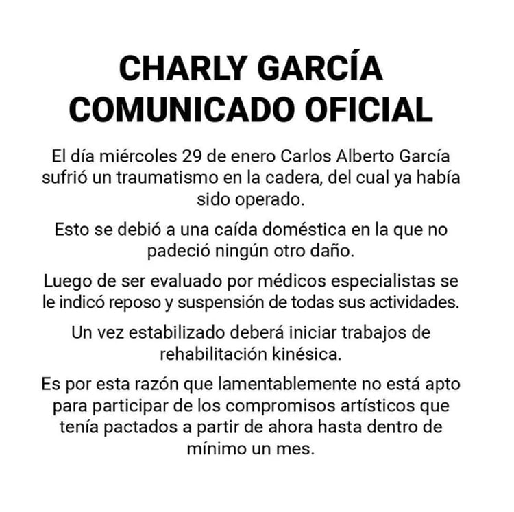 El comunicado oficial sobre la salud de Charly García (Instagram)