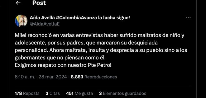 Aida Avella arremete contra Javier Milei por palabras hacia el presidente Petro - crédito @AidaAvellaE