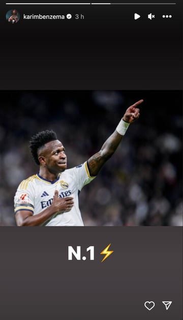 Post de instagram de Karim Benzema  con el que elogia a Vinicius (Instagram)