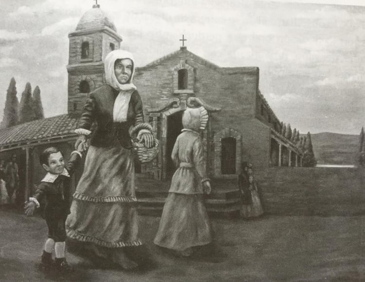 Rosa Guarú, llevando de la mano al niño José. Cuadro que se conserva en un museo en Corrientes.