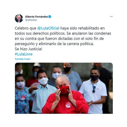 Alberto Fernández explicitó en su cuenta de Twitter su opinión sobre la sentencia a favor de Lula da Silva