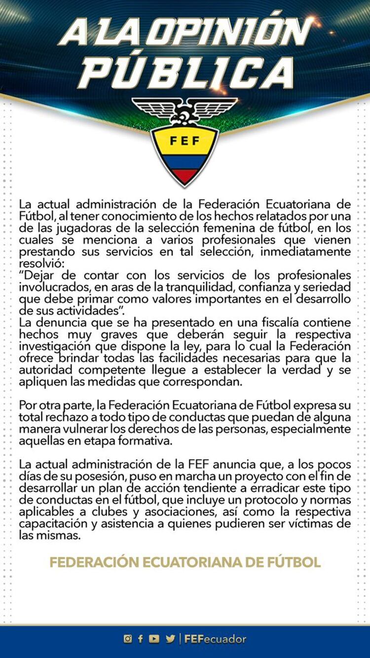 El comunicado de la Federación Ecuatoriana de Fútbol (FEF)