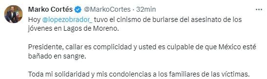 Marko Cortés acusó al presidente de callar en el caso de la desaparición de los jóvenes en Jalisco. (TW/@MarkoCortes)