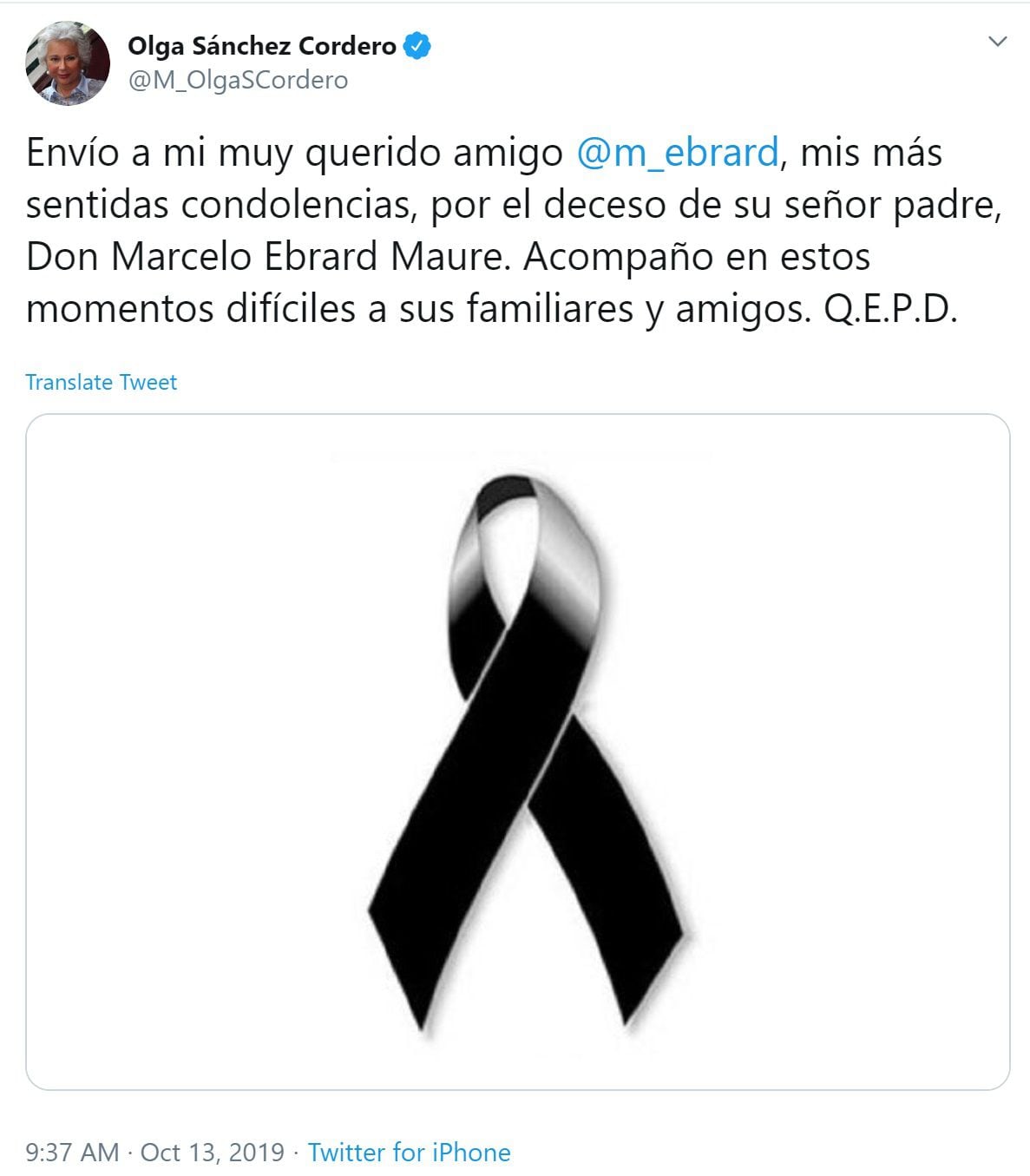 La secretaria de Gobernación, Olga Sánchez Cordero, envió sus condolencias al funcionario (Foto: Twitter)