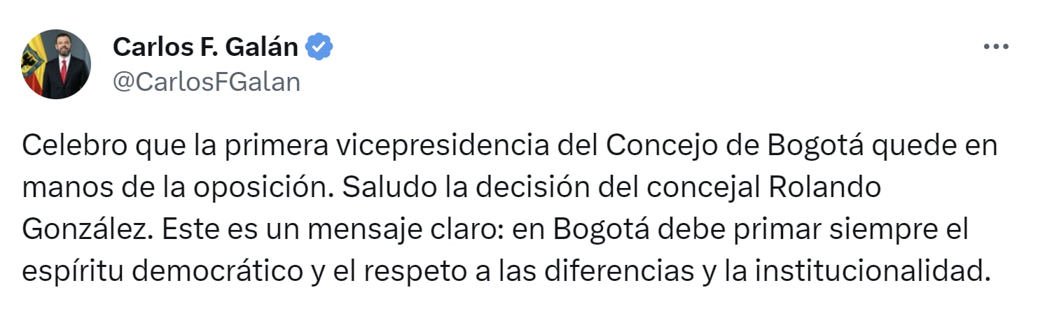 El alcalde de Bogotá celebró que el vicepresidente del Concejo renunciara para dejar la curul en la oposición - crédito X