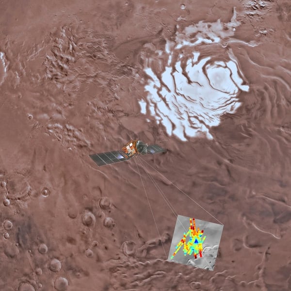 Imagen proyectadas en base a los hallazgos satelitales del hemisferio sur en Marte (AP)