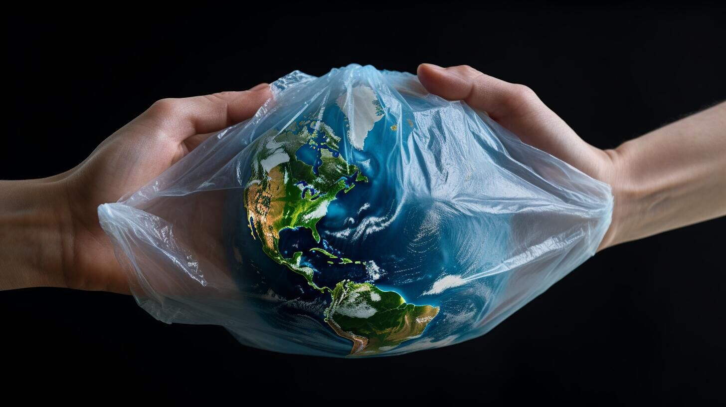 Representación gráfica del globo terráqueo cubierto por una bolsa de plástico transparente, ilustrando el grave impacto de la contaminación por plásticos en el medio ambiente y el aire. La imagen simboliza la presión que la basura y los productos no biodegradables ejercen sobre la Tierra, enfatizando la necesidad de tomar medidas serias contra el cambio climático y para la conservación del planeta. (Imagen ilustrativa Infobae)