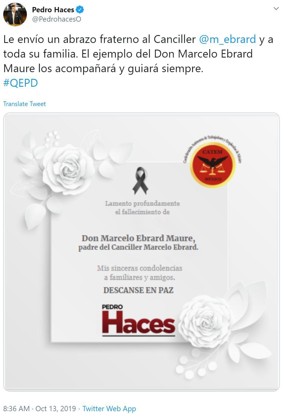 Pedro Haces, senador morenista, envió un abrazo al secretario de Relaciones Exteriores (Foto: Twitter)
