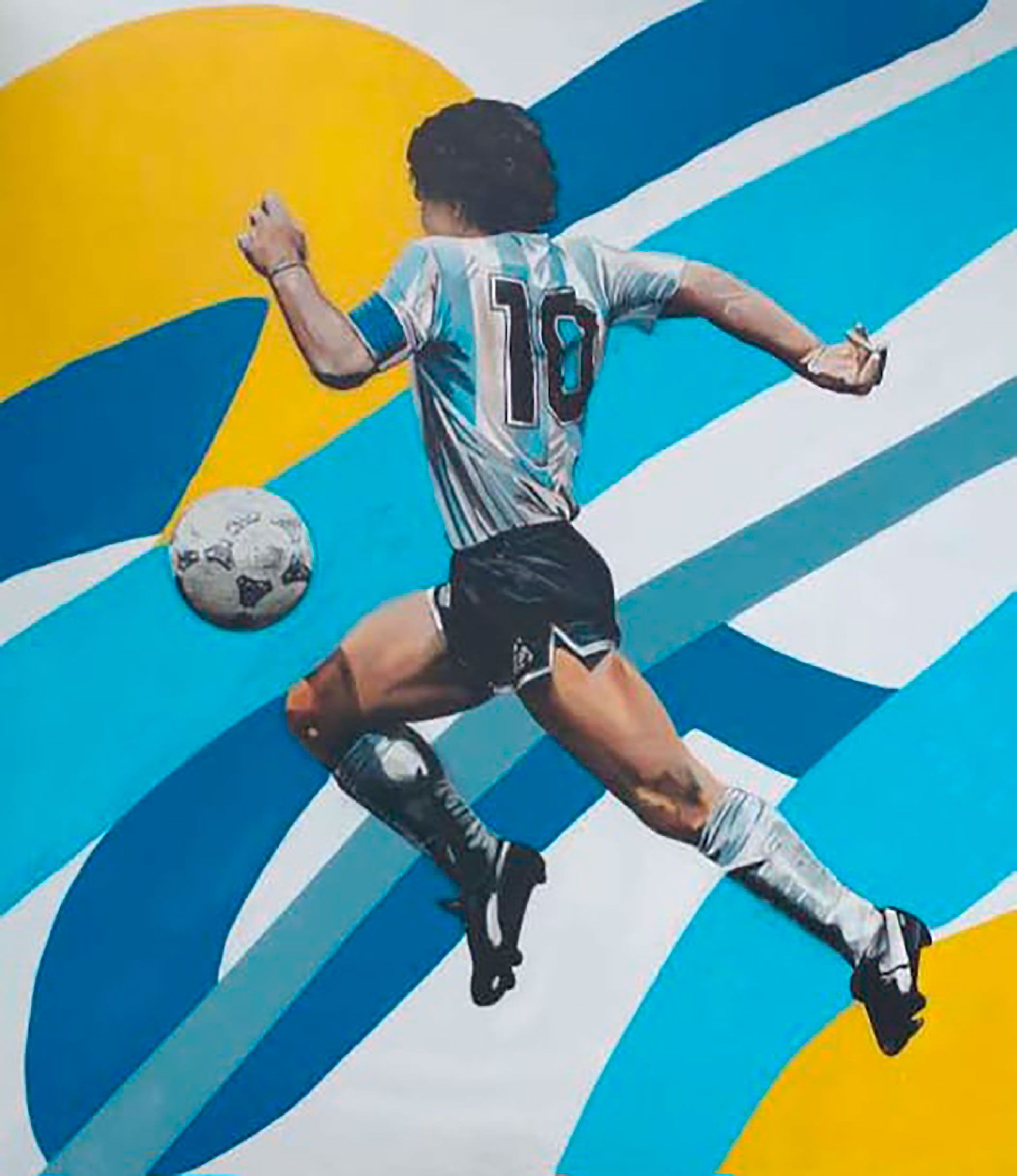 Con la casaca de la selección argentina en el Mundial 86, una de las tres imágenes en el mural