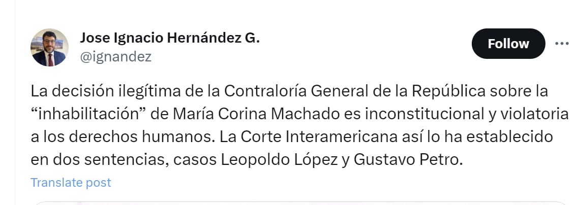 El abogado Jose Ignacio Hernández G. aseguró que la inhabilitación de María Corina en Venezuela es “inconstitucional” - crédito @ignandez/X