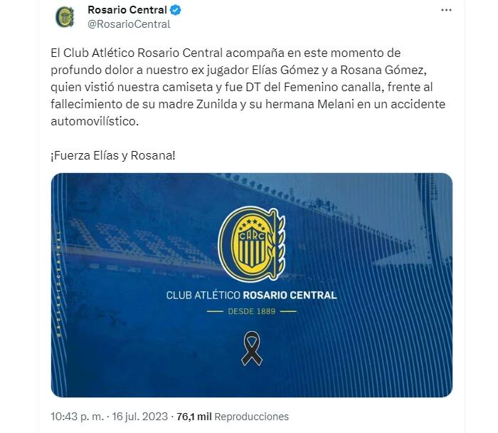 El tuit de Rosario Central por el accidente fatal de la familia de Elías Gómez