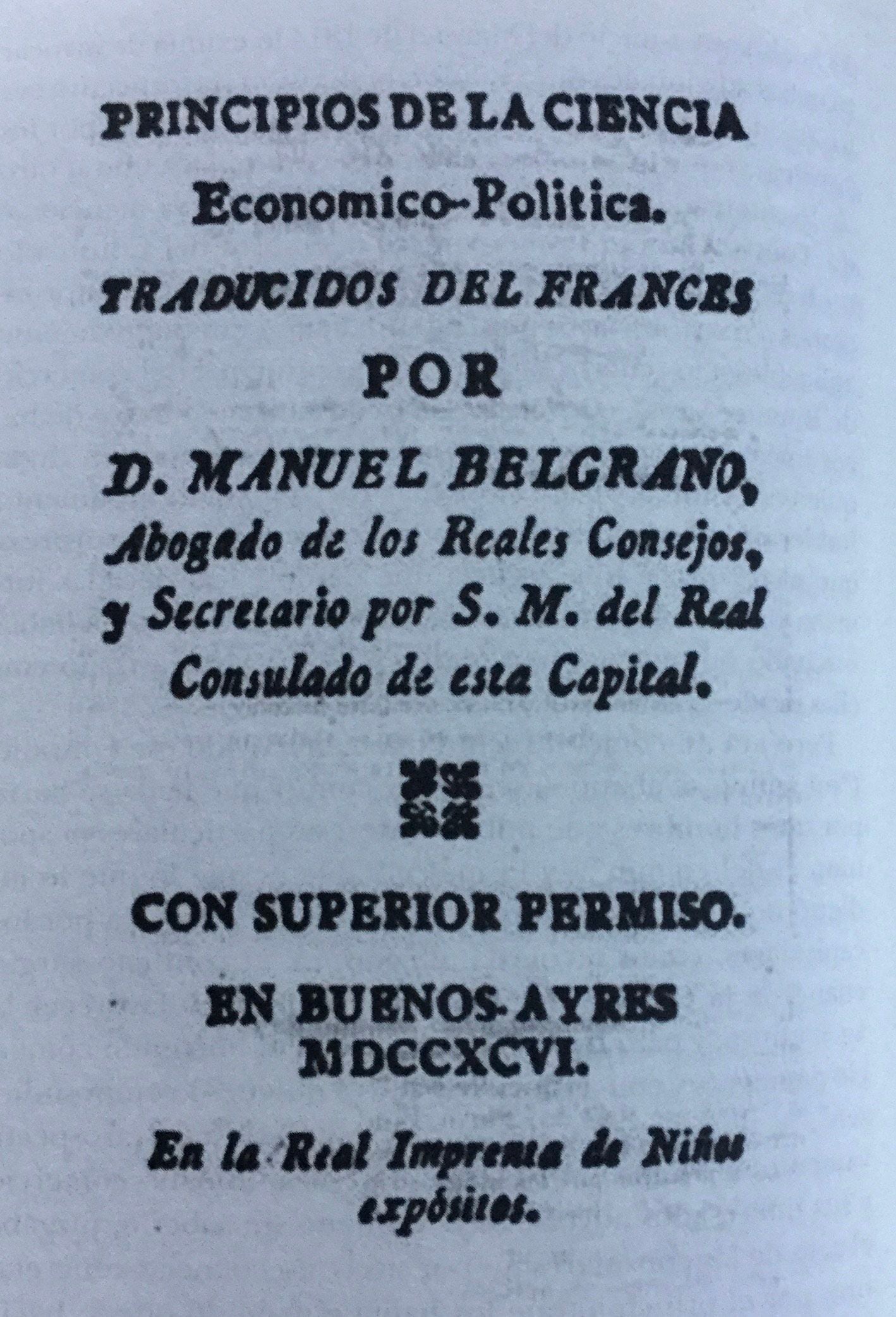 Una de las traducciones que hizo Belgrano, y que fue publicada por la imprenta de Niños Expósitos.