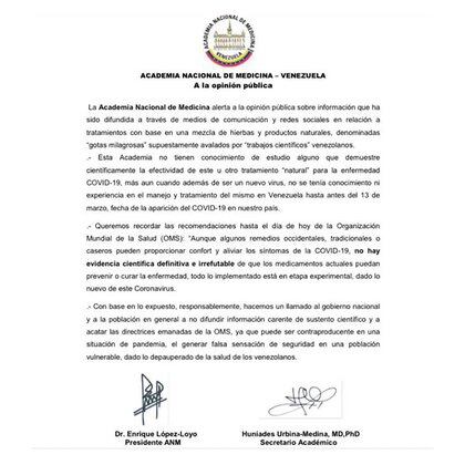 El comunicado emitido por la Academia Nacional de Medicina de Venezuela sobre el Carvativir