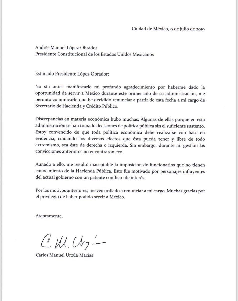 La carta de renuncia de Carlos Urzúa (Foto: Twitter @CarlosM_Urzua) 