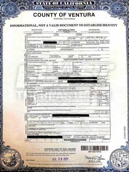 Certificado de defunción de Naya Rivera.