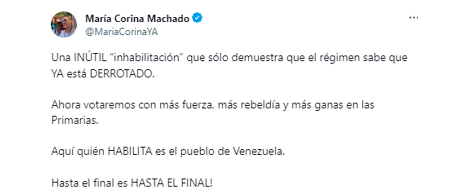 El mensaje de María Corina Machado en Twitter