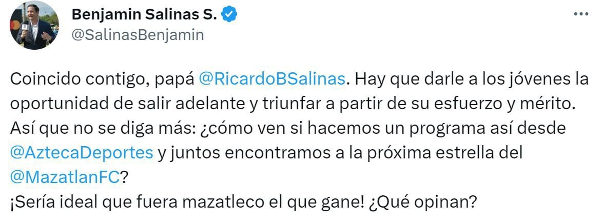 Benjamín Salinas  confirmó el reality show. (Twitter) 