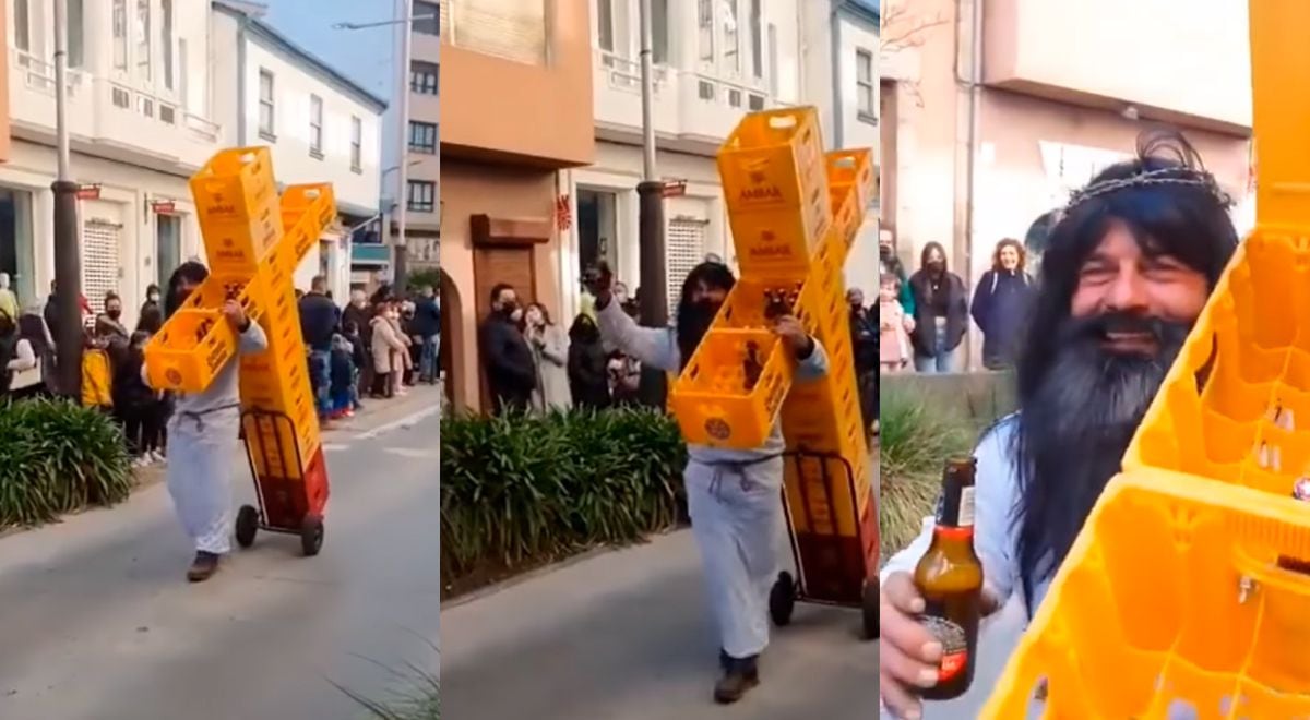 Hombre carga una cruz hecha con cajas de cervezas. (foto: Trome)