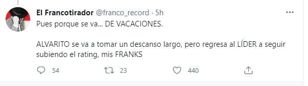 El Francotirador reveló en su cuenta de Twitter que Álvaro Morales solamente está de vacaciones (Foto: Twitter/@franco_record)