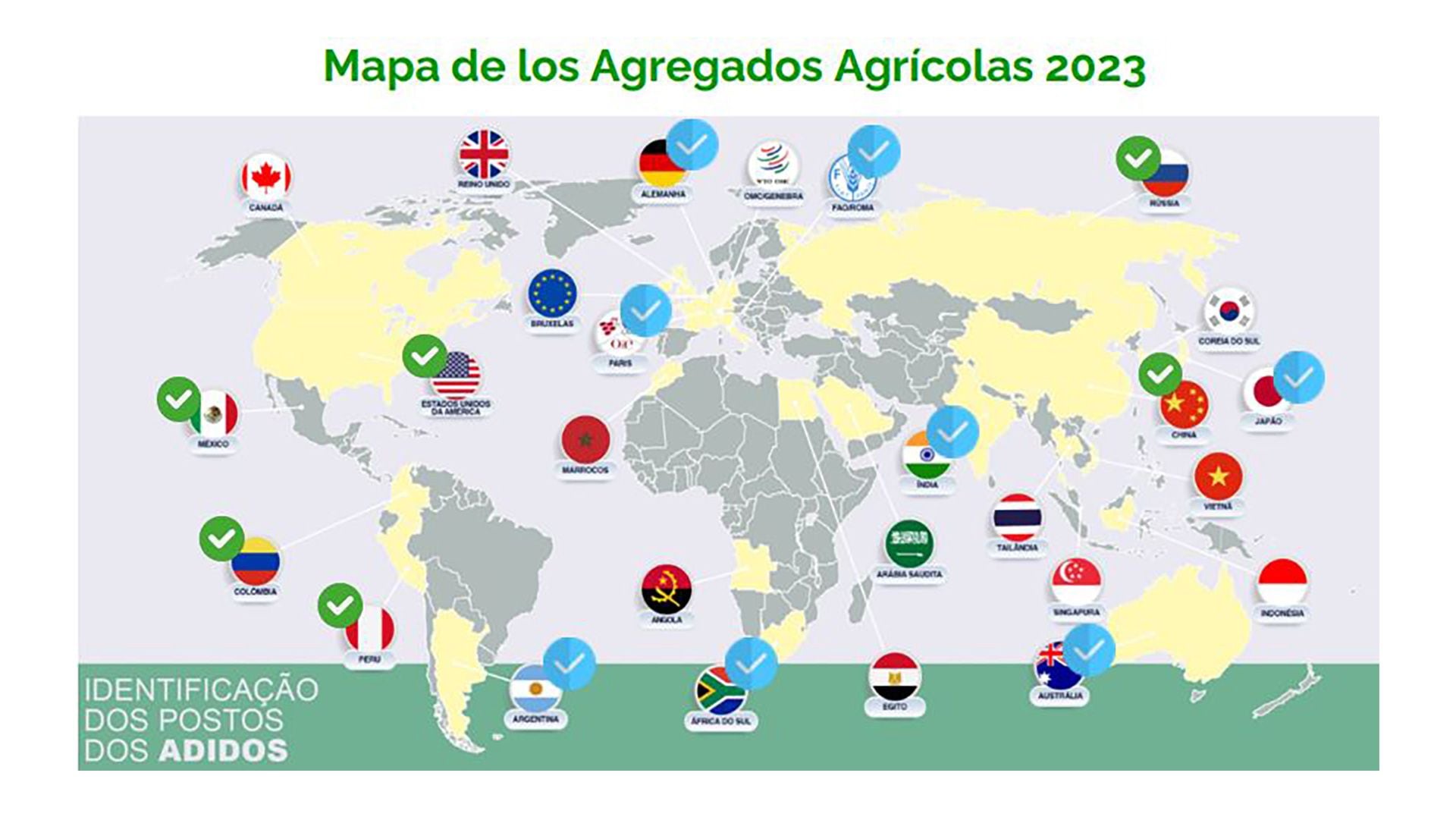 El mapa de las 29 "agregadurías agrícolas" brasileñas que presentó Andrea Parrilla, agregada agrícola de Brasil en la Argentina, que tiene 5