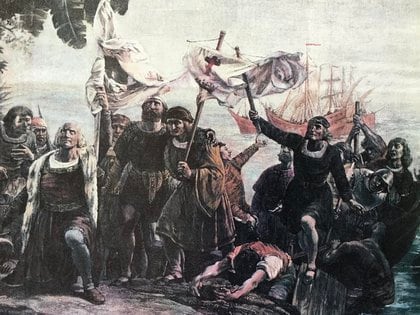 El momento en que Colón pisa tierra americana, aunque él siempre creyó que había llegado a Cipango.